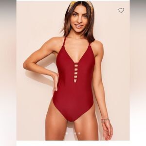 Red Adore Me Jade Unlined Dark Red One Piece Swim Suit with Low back Large NWT